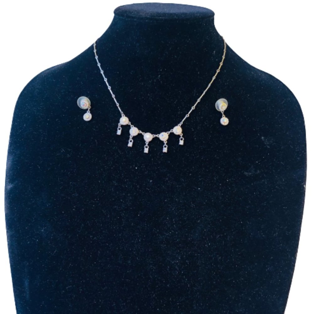 Cookie Lee Vintage Necklace + Earrings Set Posts Pearls Rhinestones Signed